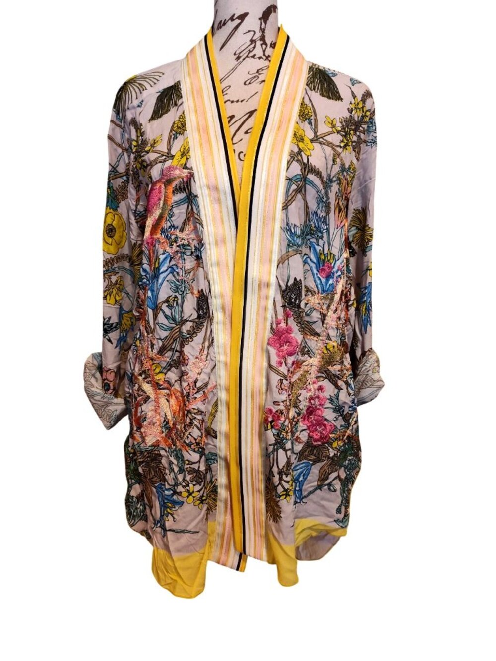 Aratta Floral Embroidered Open Front Kimono With Yellow Trim
